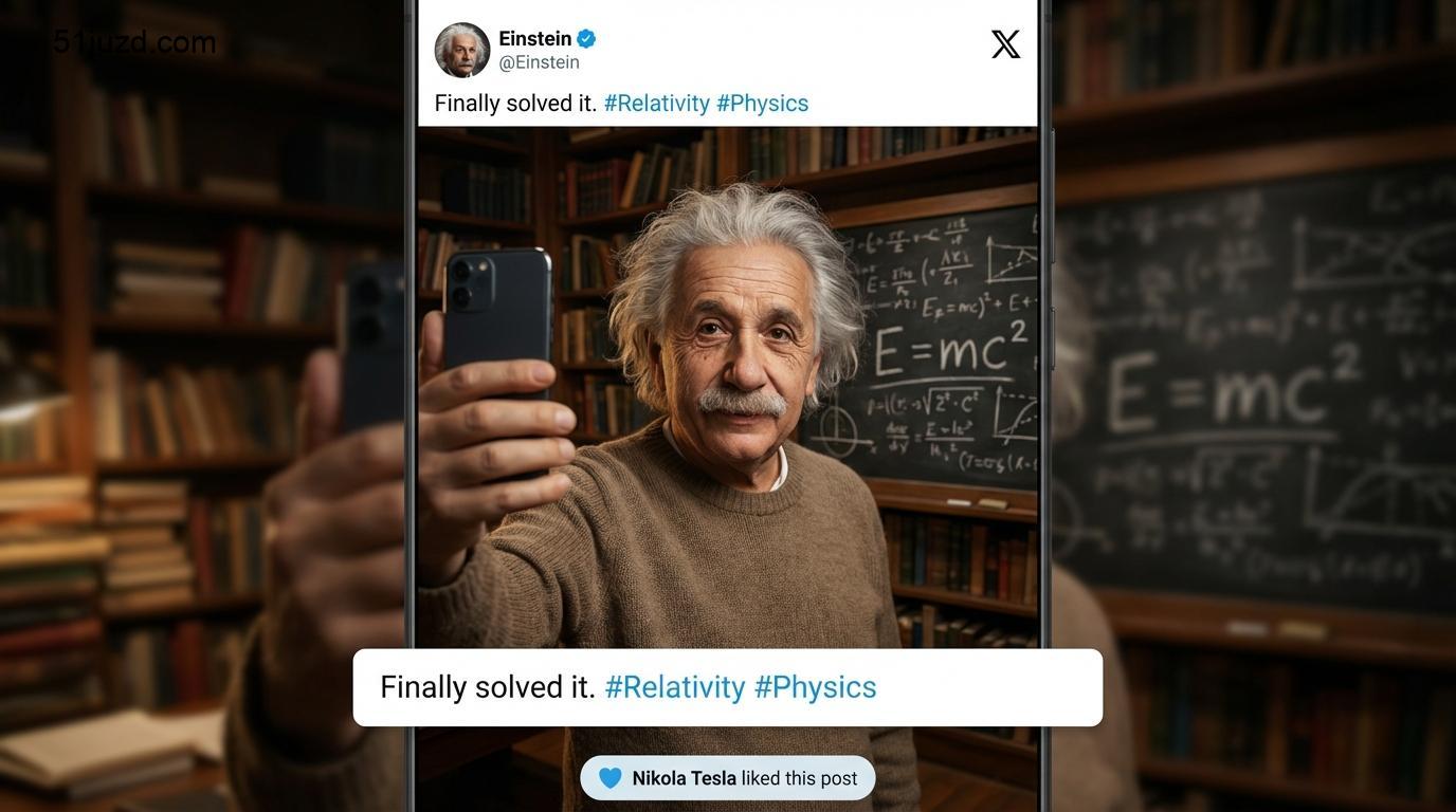 AI生成历史人物现代自拍教程：爱因斯坦历史照片演变为现代推特自拍的效果对比图