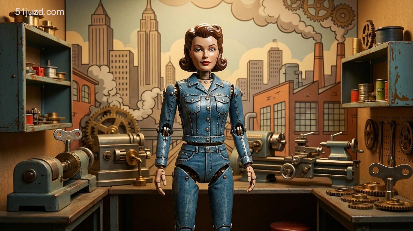 照片转复古机械发条玩具提示词：完成转化后的1950年代怀旧发条玩具风格机械人像效果图，呈现精致的搪瓷金属质感。