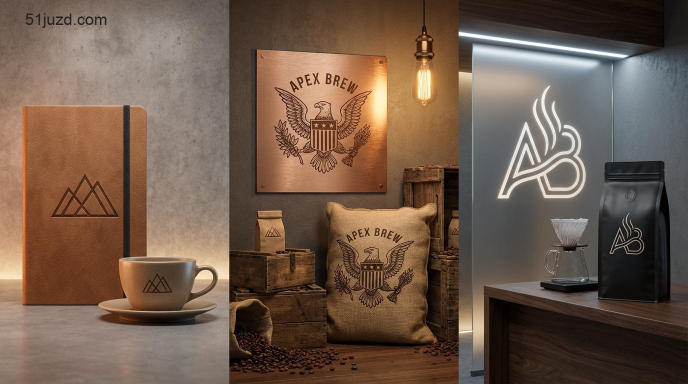 ai设计logo一键生成:咖啡品牌Apex Brew的三种Logo方案演示图(极简几何、复古徽章、现代抽象)